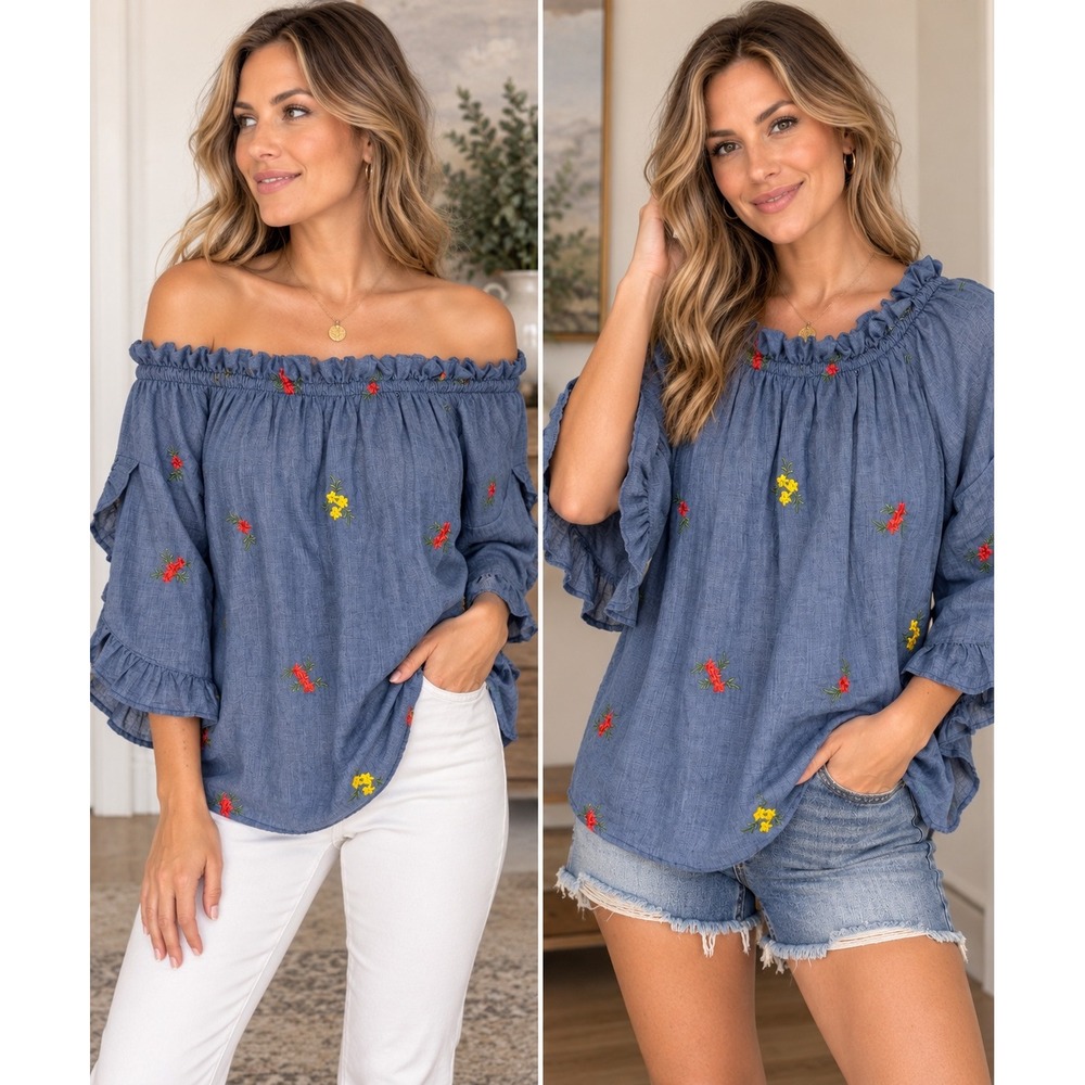 Arlene Off Shoulder Embroidered Floral Peasant Blouse Blue Women's Size 36 (S/M)